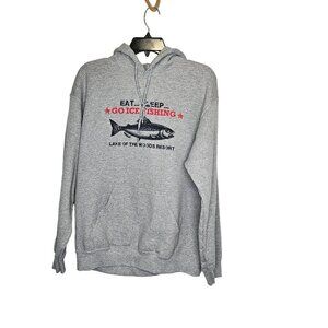 Gildan Heavy Hoodie Eat Sleep Go Ice Fishing Lake Of the Woods Oregon Gray  L‎